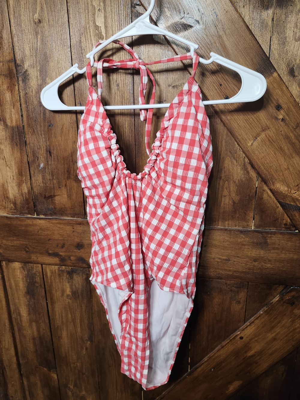 wild fable Red and White Gingham Halter One-Piece Swimsuit